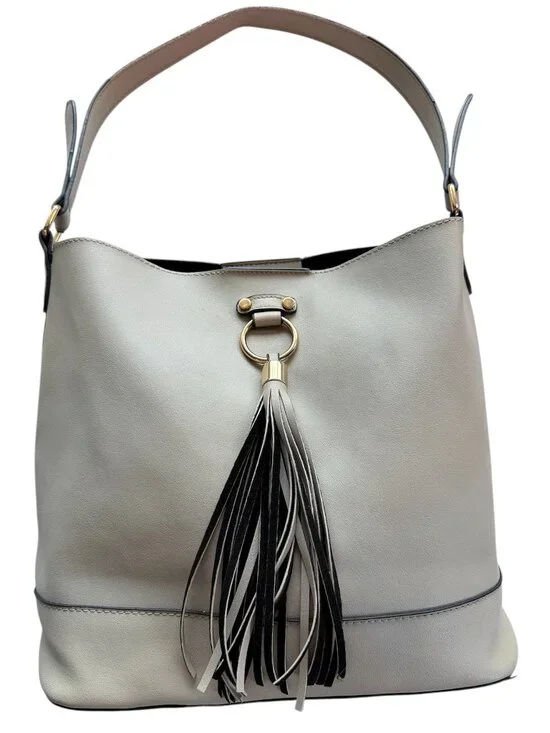 Lulu Dharma Napa Vegan Leather Tassel Hobo Bag Stone Gray Beige Shoulder Handbag - Picture 1 of 14